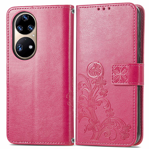 Custodia Portafoglio In Pelle Fiori Cover con Supporto per Huawei P50 Rosso