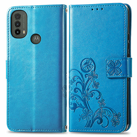 Custodia Portafoglio In Pelle Fiori Cover con Supporto per Motorola Moto E20 Blu