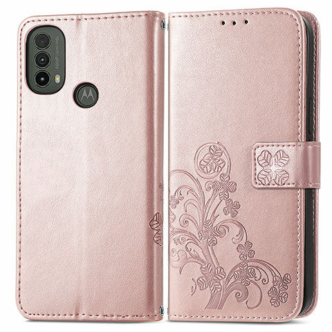 Custodia Portafoglio In Pelle Fiori Cover con Supporto per Motorola Moto E30 Rosa