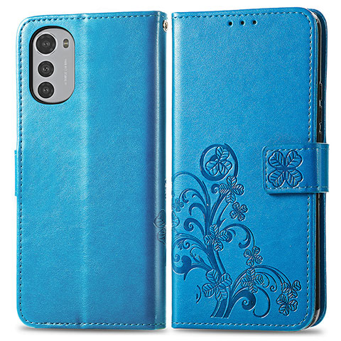 Custodia Portafoglio In Pelle Fiori Cover con Supporto per Motorola Moto E32 Blu