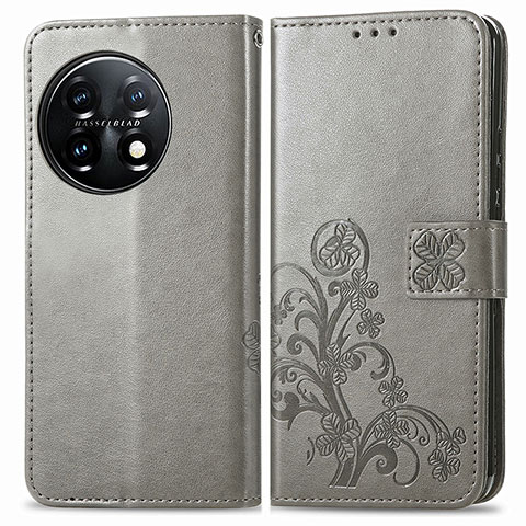 Custodia Portafoglio In Pelle Fiori Cover con Supporto per OnePlus 11 5G Grigio