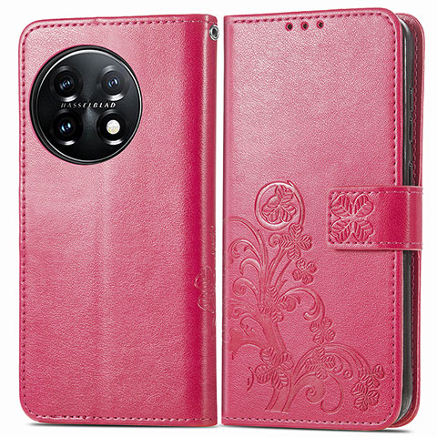 Custodia Portafoglio In Pelle Fiori Cover con Supporto per OnePlus 11 5G Rosa Caldo