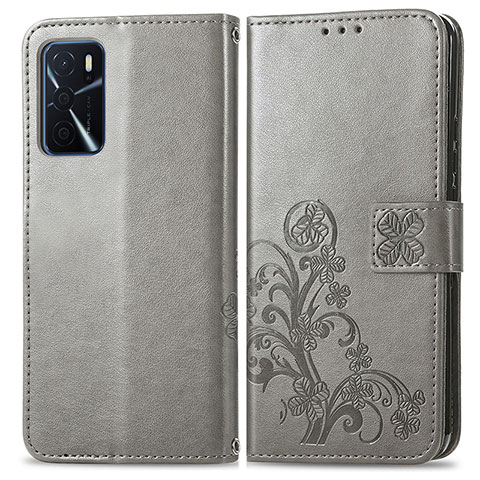 Custodia Portafoglio In Pelle Fiori Cover con Supporto per Oppo A16 Grigio