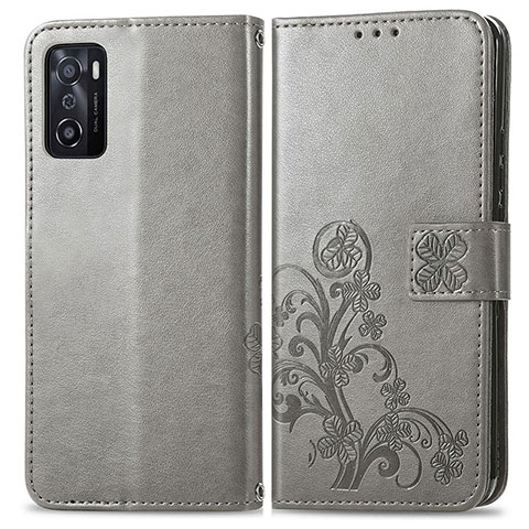 Custodia Portafoglio In Pelle Fiori Cover con Supporto per Oppo A55S 5G Grigio