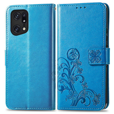 Custodia Portafoglio In Pelle Fiori Cover con Supporto per Oppo Find X5 5G Blu