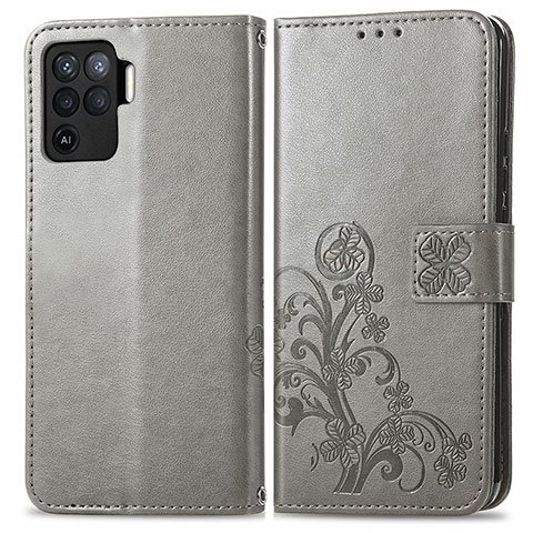 Custodia Portafoglio In Pelle Fiori Cover con Supporto per Oppo Reno5 F Grigio