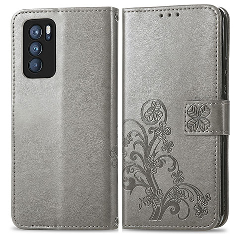 Custodia Portafoglio In Pelle Fiori Cover con Supporto per Oppo Reno6 Pro 5G India Grigio