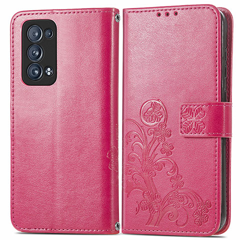 Custodia Portafoglio In Pelle Fiori Cover con Supporto per Oppo Reno6 Pro+ Plus 5G Rosso