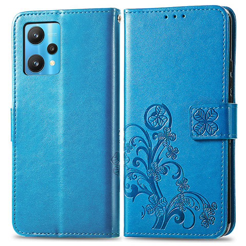 Custodia Portafoglio In Pelle Fiori Cover con Supporto per Realme 9 4G Blu