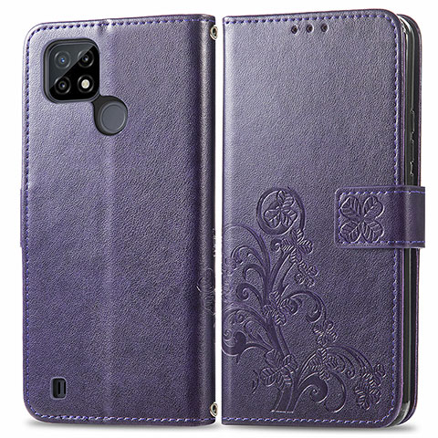 Custodia Portafoglio In Pelle Fiori Cover con Supporto per Realme C21 Viola