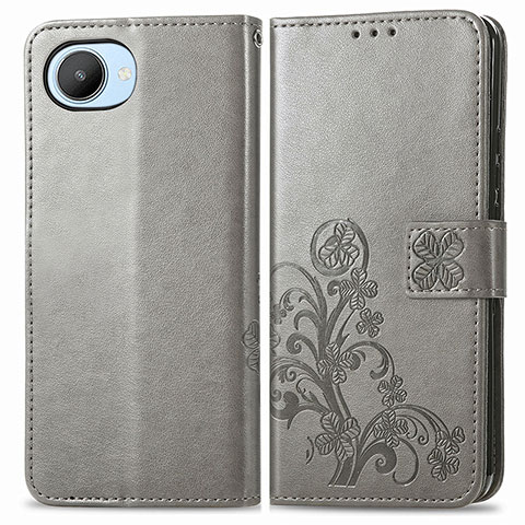 Custodia Portafoglio In Pelle Fiori Cover con Supporto per Realme C30s Grigio