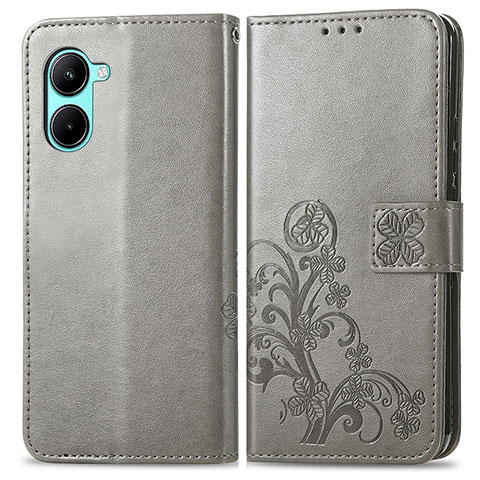 Custodia Portafoglio In Pelle Fiori Cover con Supporto per Realme C33 (2023) Grigio