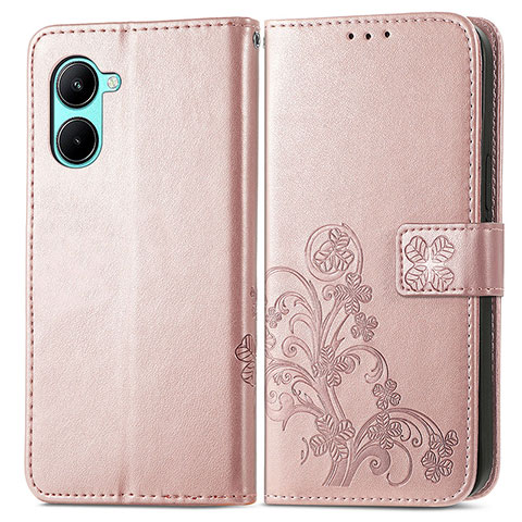 Custodia Portafoglio In Pelle Fiori Cover con Supporto per Realme C33 (2023) Oro Rosa