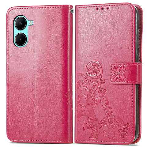 Custodia Portafoglio In Pelle Fiori Cover con Supporto per Realme C33 (2023) Rosa Caldo