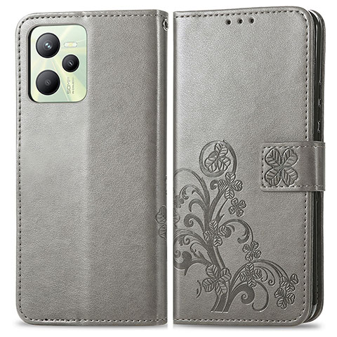 Custodia Portafoglio In Pelle Fiori Cover con Supporto per Realme C35 Grigio