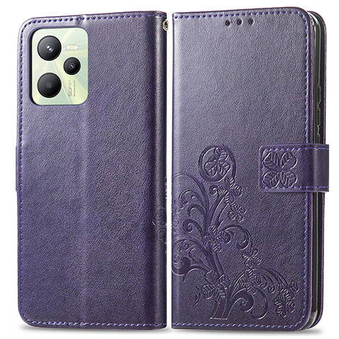 Custodia Portafoglio In Pelle Fiori Cover con Supporto per Realme C35 Viola