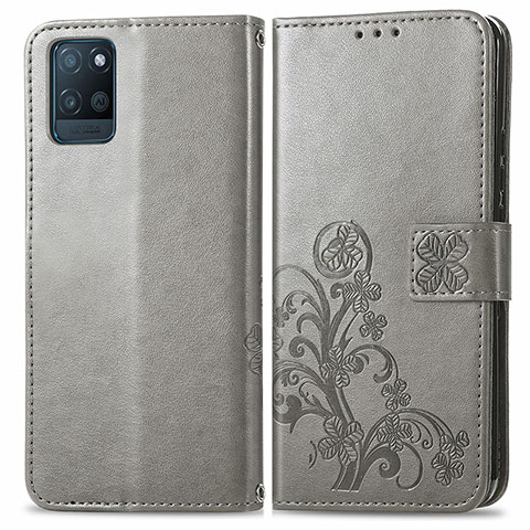 Custodia Portafoglio In Pelle Fiori Cover con Supporto per Realme V11 5G Grigio