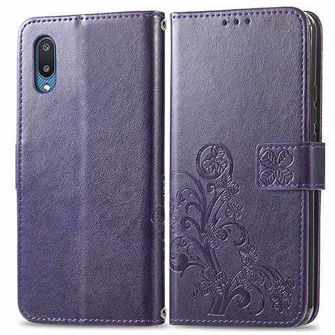 Custodia Portafoglio In Pelle Fiori Cover con Supporto per Samsung Galaxy A02 Viola