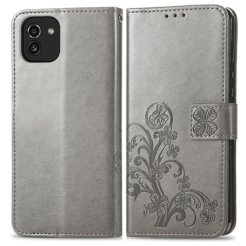 Custodia Portafoglio In Pelle Fiori Cover con Supporto per Samsung Galaxy A03 Grigio