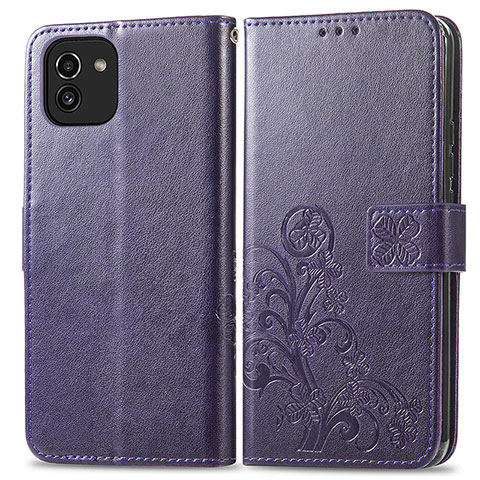 Custodia Portafoglio In Pelle Fiori Cover con Supporto per Samsung Galaxy A03 Viola