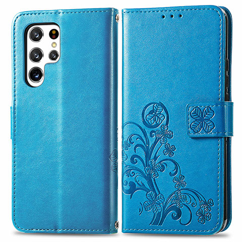 Custodia Portafoglio In Pelle Fiori Cover con Supporto per Samsung Galaxy S22 Ultra 5G Blu