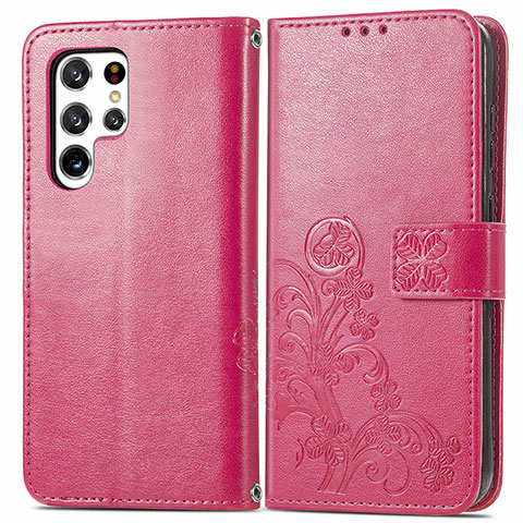 Custodia Portafoglio In Pelle Fiori Cover con Supporto per Samsung Galaxy S22 Ultra 5G Rosso