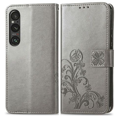 Custodia Portafoglio In Pelle Fiori Cover con Supporto per Sony Xperia 1 V Grigio