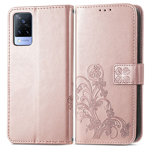 Custodia Portafoglio In Pelle Fiori Cover con Supporto per Vivo V21 5G Rosa