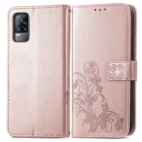 Custodia Portafoglio In Pelle Fiori Cover con Supporto per Vivo V21e 4G Rosa