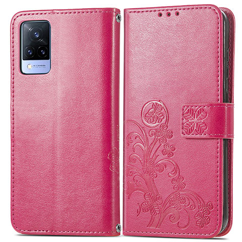 Custodia Portafoglio In Pelle Fiori Cover con Supporto per Vivo V21s 5G Rosso