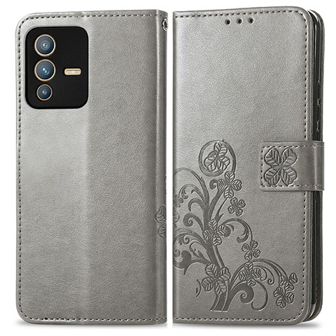 Custodia Portafoglio In Pelle Fiori Cover con Supporto per Vivo V23 5G Grigio