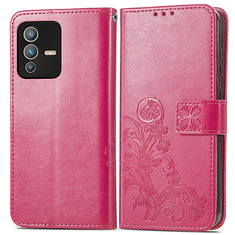 Custodia Portafoglio In Pelle Fiori Cover con Supporto per Vivo V23 Pro 5G Rosso