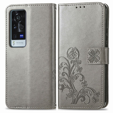 Custodia Portafoglio In Pelle Fiori Cover con Supporto per Vivo X60 Pro+ Plus 5G Grigio