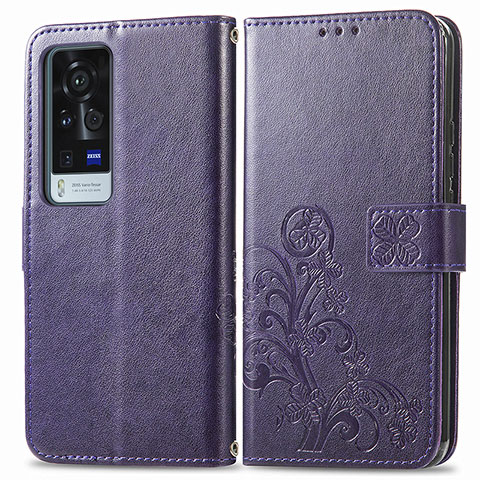 Custodia Portafoglio In Pelle Fiori Cover con Supporto per Vivo X60 Pro+ Plus 5G Viola