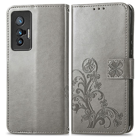 Custodia Portafoglio In Pelle Fiori Cover con Supporto per Vivo X70t Grigio