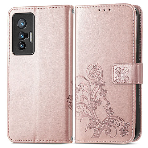 Custodia Portafoglio In Pelle Fiori Cover con Supporto per Vivo X70t Rosa