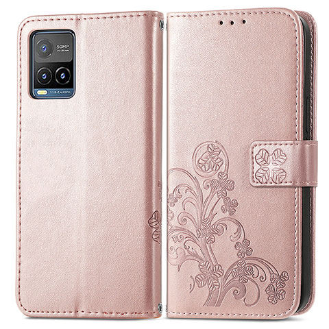 Custodia Portafoglio In Pelle Fiori Cover con Supporto per Vivo Y21a Rosa