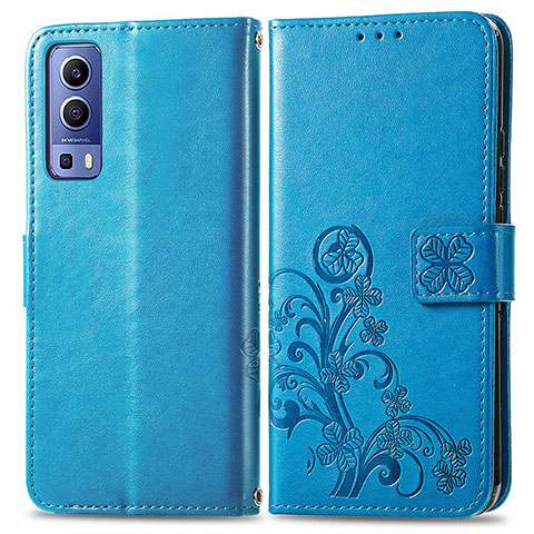 Custodia Portafoglio In Pelle Fiori Cover con Supporto per Vivo Y52 5G Blu