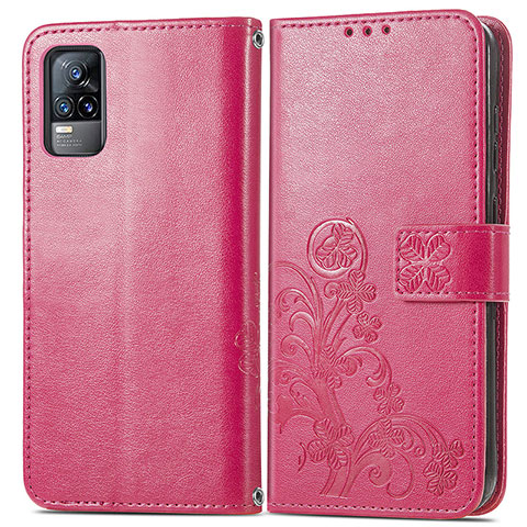 Custodia Portafoglio In Pelle Fiori Cover con Supporto per Vivo Y73 (2021) Rosso