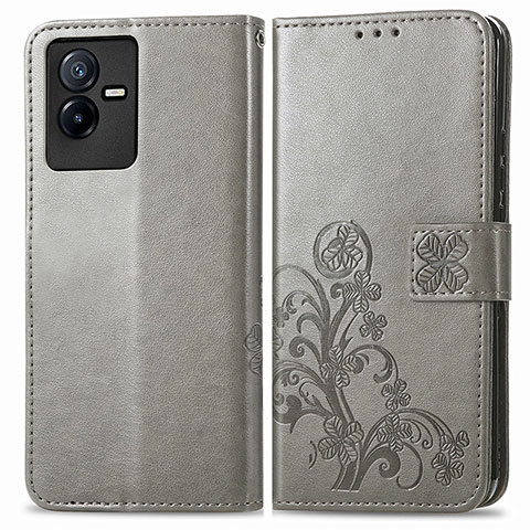 Custodia Portafoglio In Pelle Fiori Cover con Supporto per Vivo Y73t Grigio