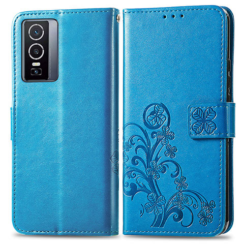 Custodia Portafoglio In Pelle Fiori Cover con Supporto per Vivo Y76 5G Blu