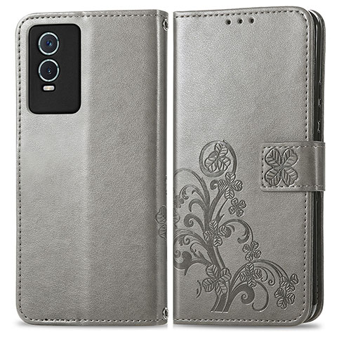 Custodia Portafoglio In Pelle Fiori Cover con Supporto per Vivo Y76s 5G Grigio