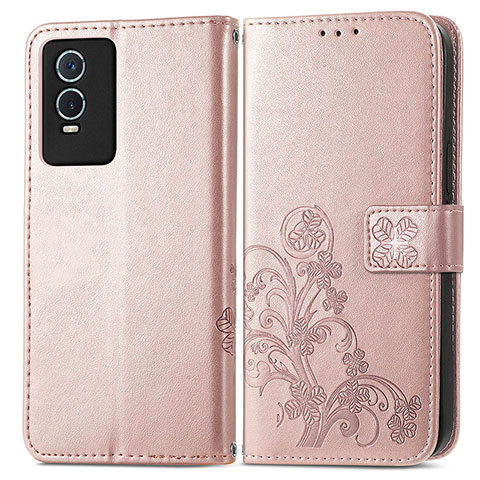 Custodia Portafoglio In Pelle Fiori Cover con Supporto per Vivo Y76s 5G Rosa