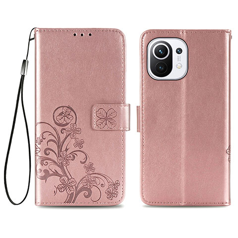 Custodia Portafoglio In Pelle Fiori Cover con Supporto per Xiaomi Mi 11 Lite 4G Rosa