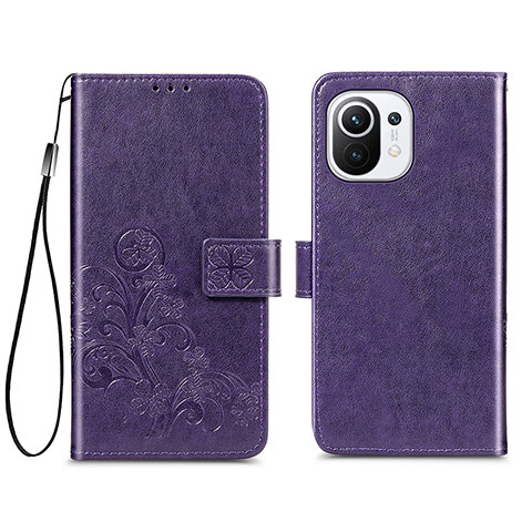 Custodia Portafoglio In Pelle Fiori Cover con Supporto per Xiaomi Mi 11 Lite 4G Viola