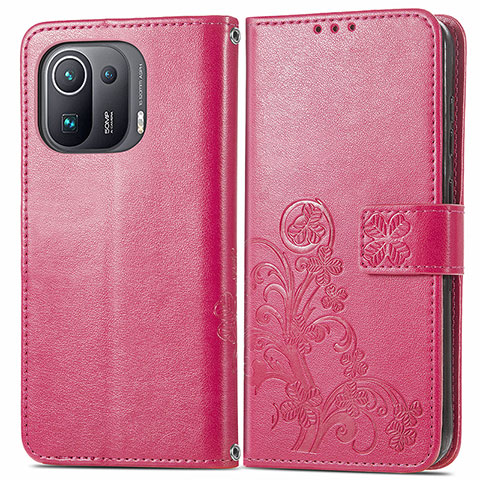 Custodia Portafoglio In Pelle Fiori Cover con Supporto per Xiaomi Mi 11 Pro 5G Rosso