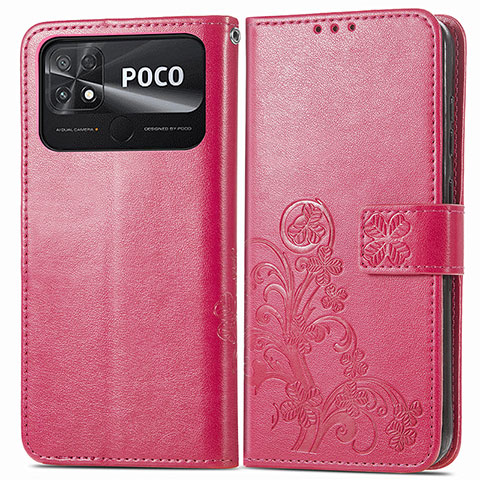 Custodia Portafoglio In Pelle Fiori Cover con Supporto per Xiaomi Poco C40 Rosso