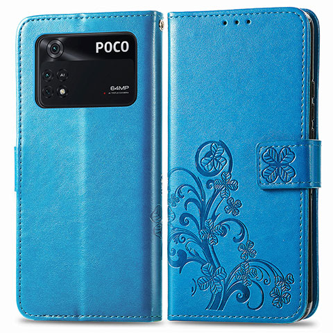 Custodia Portafoglio In Pelle Fiori Cover con Supporto per Xiaomi Poco M4 Pro 4G Blu