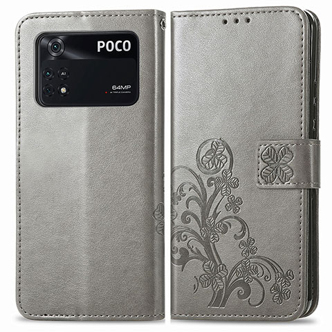 Custodia Portafoglio In Pelle Fiori Cover con Supporto per Xiaomi Poco M4 Pro 4G Grigio