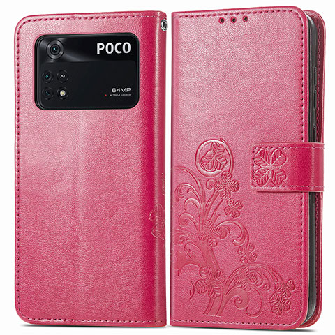 Custodia Portafoglio In Pelle Fiori Cover con Supporto per Xiaomi Poco M4 Pro 4G Rosso